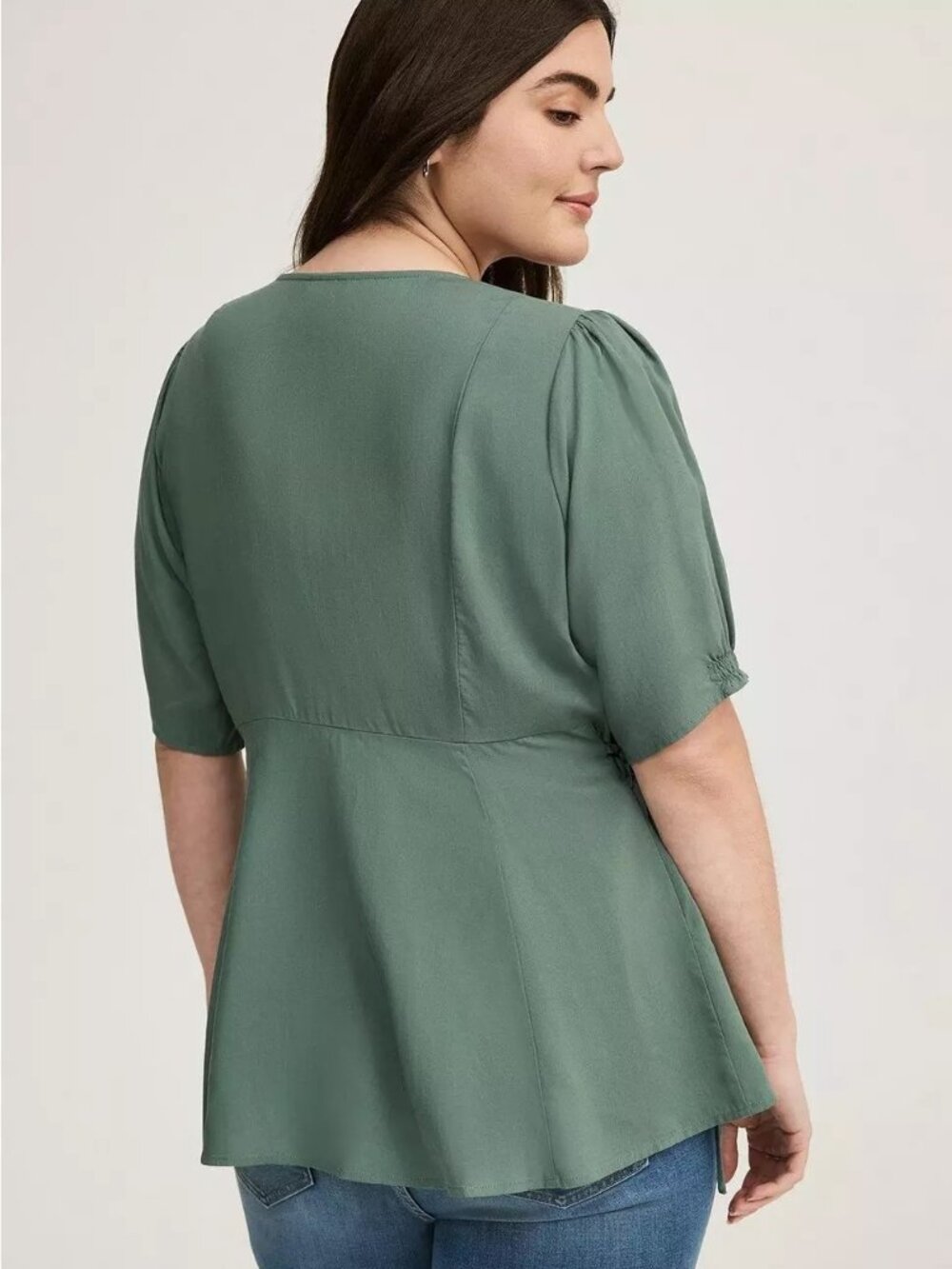 Torrid "Dark Forest" Challis Side Tie Button Front V-Neck Top Plus Size 3 - Picture 2 of 13